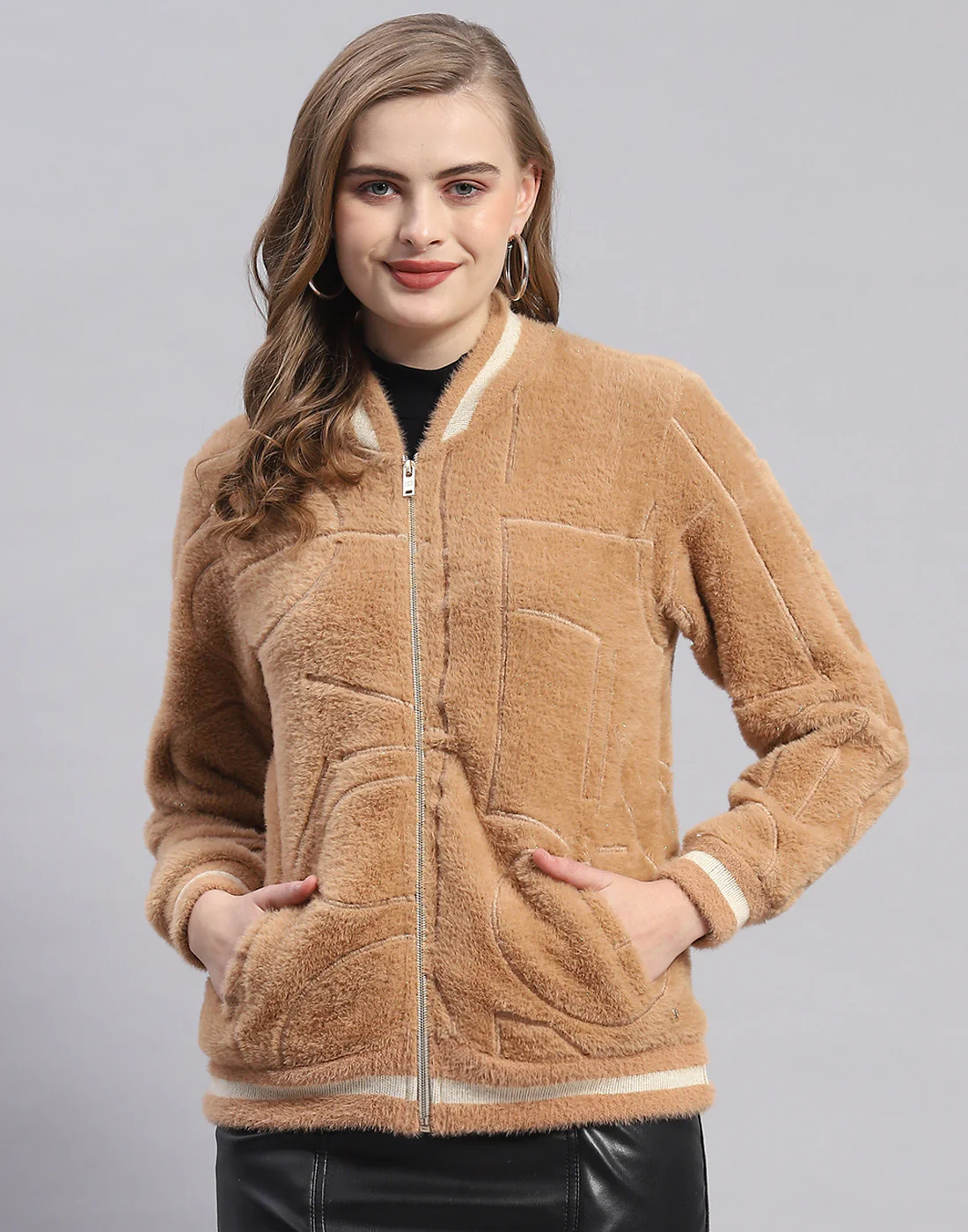 Women Camel Brown Solid Mandarin Collar Full Sleeve Sweatshirt - Image 2