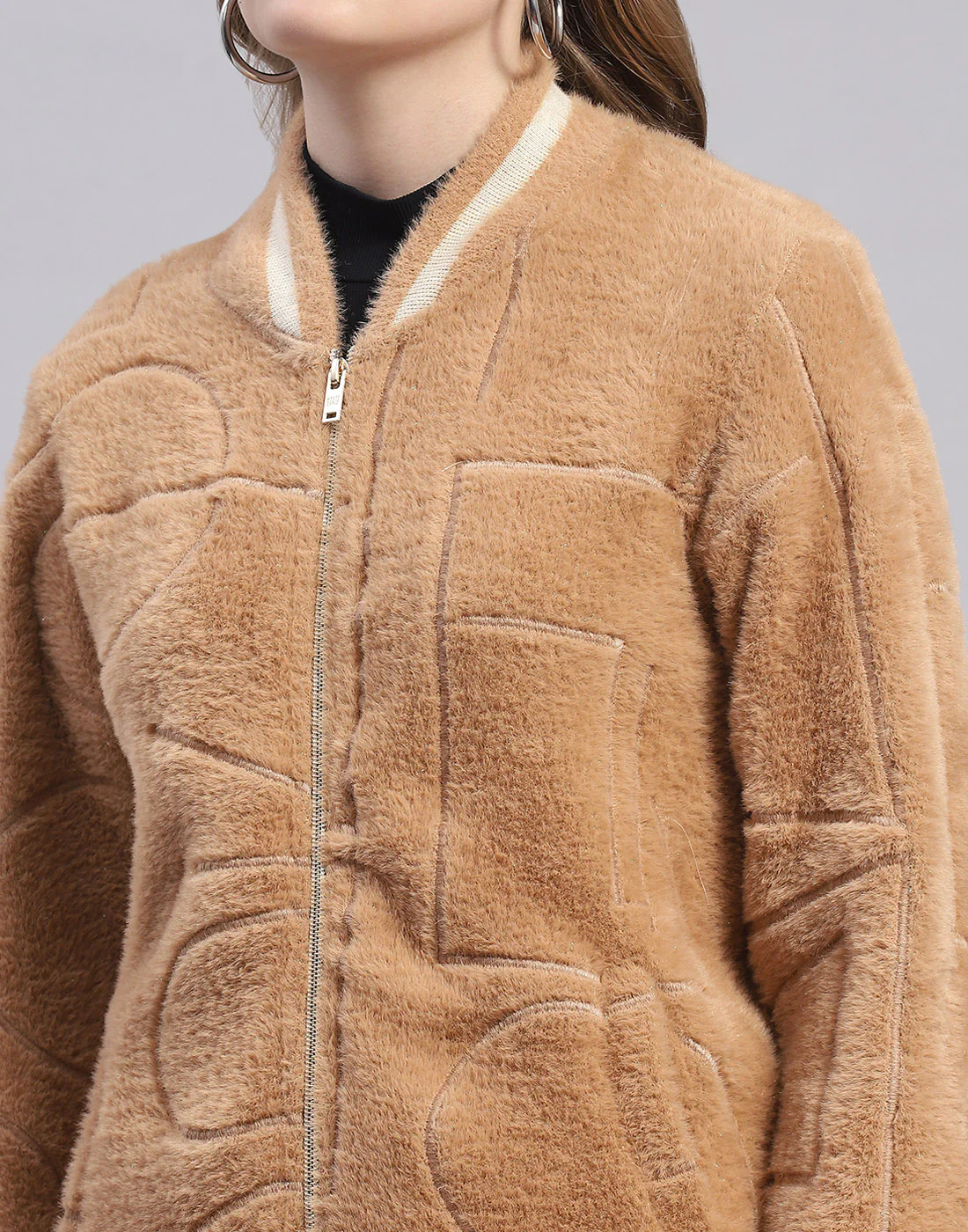 Women Camel Brown Solid Mandarin Collar Full Sleeve Sweatshirt - Image 6
