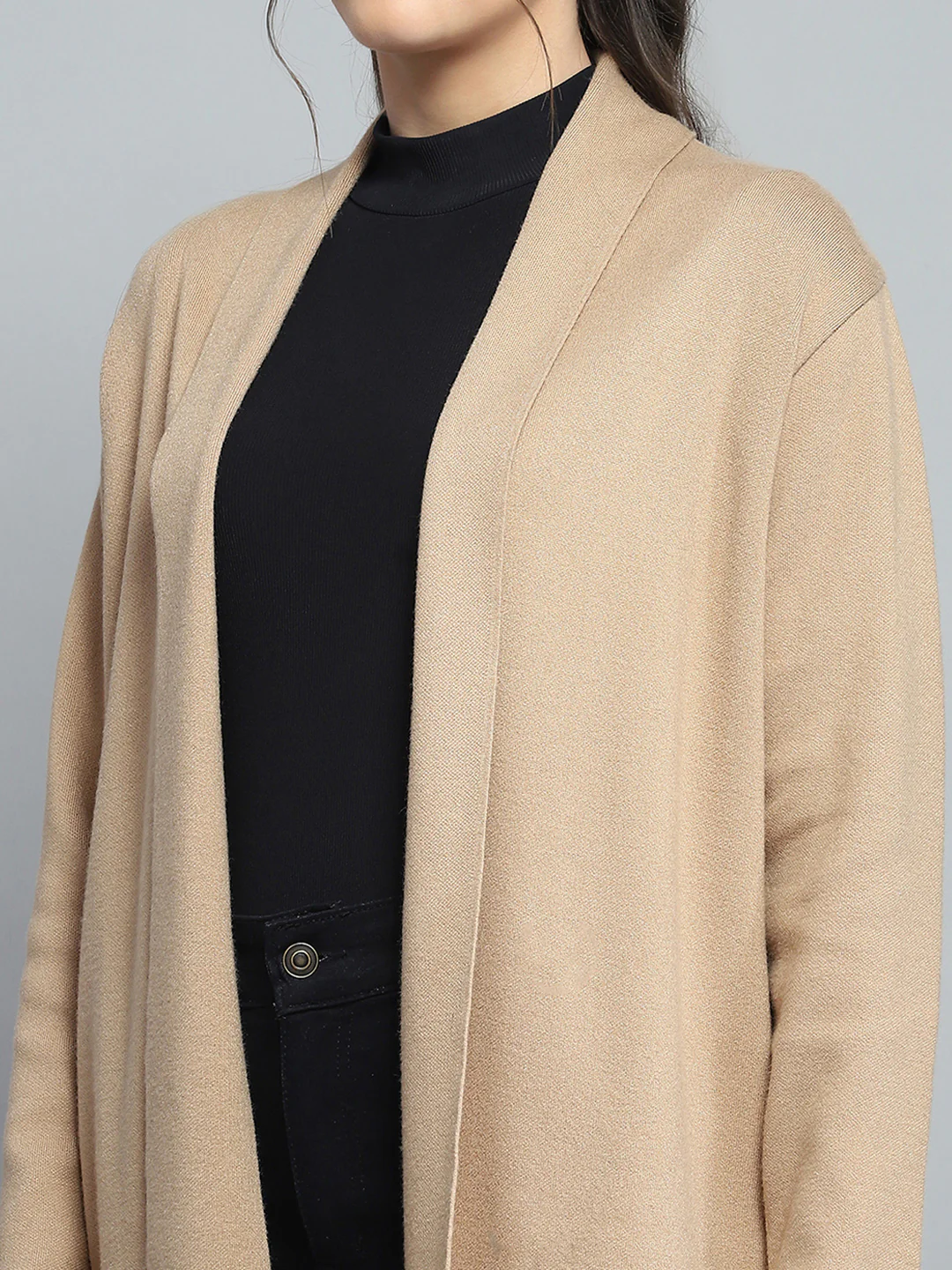 Women Camel Brown Solid Notch Lapel Collar Full Sleeve Cardigan - Image 7