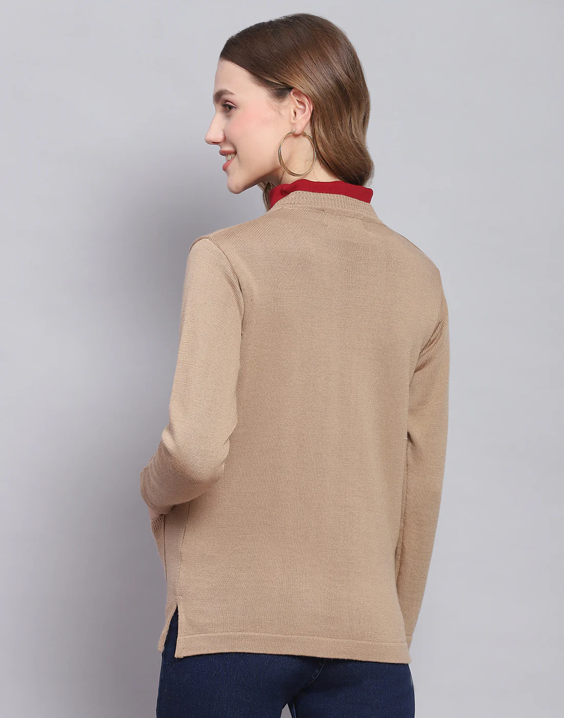 Women Camel Brown Solid V Neck Full Sleeve Cardigan - Image 5