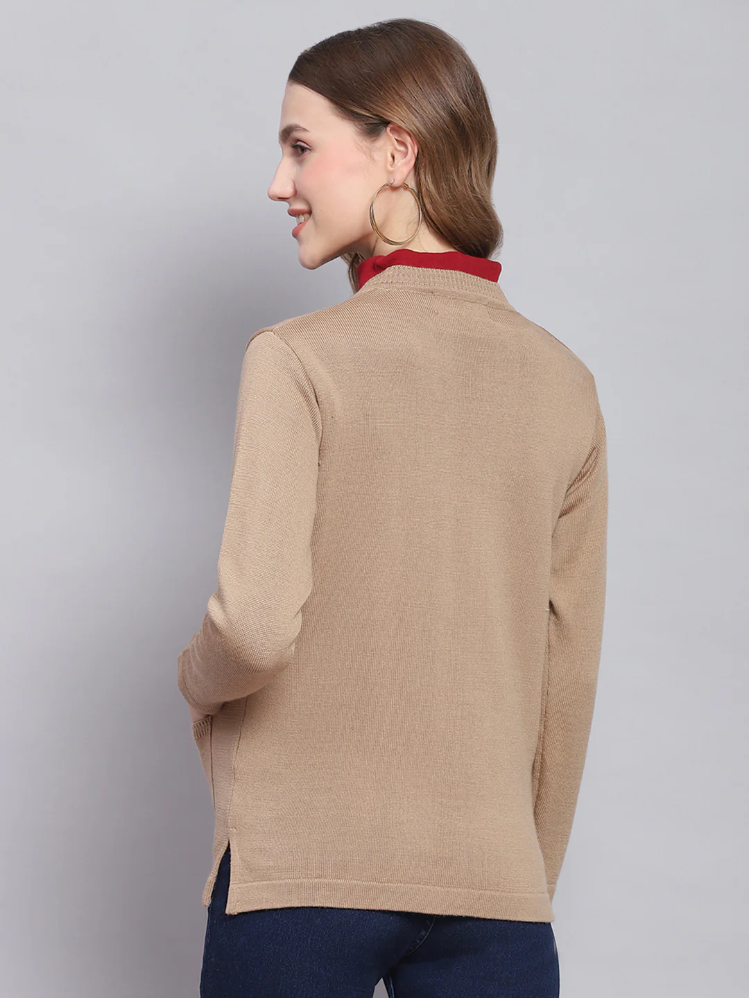 Women Camel Brown Solid V Neck Full Sleeve Cardigans - Image 5