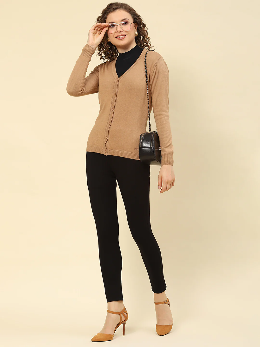 Women Camel Brown Solid V Neck Full Sleeve Cardigans - Image 2