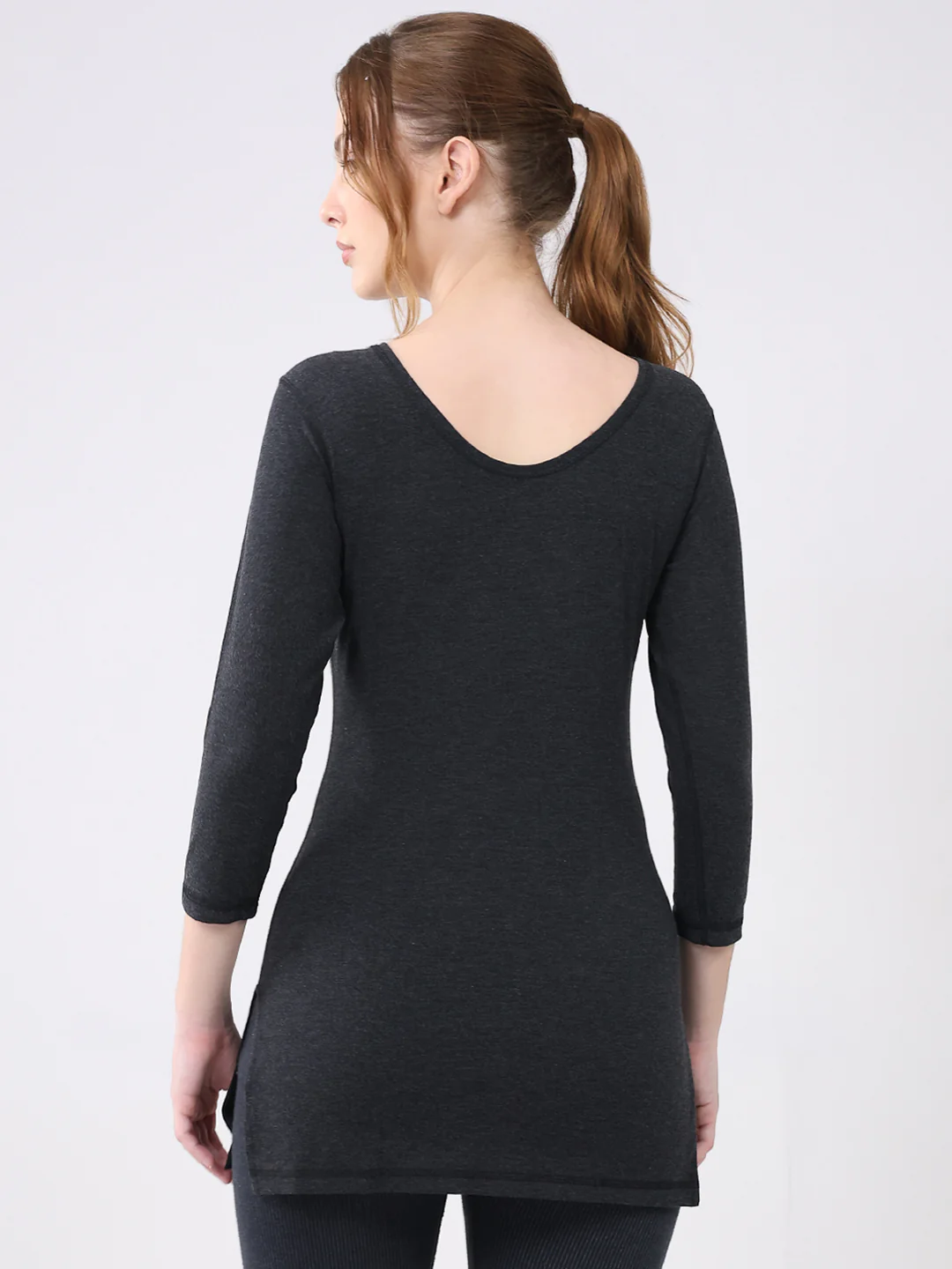 Women Charcoal Solid Round Neck 3/4th Sleeve Thermal Vest - Image 5