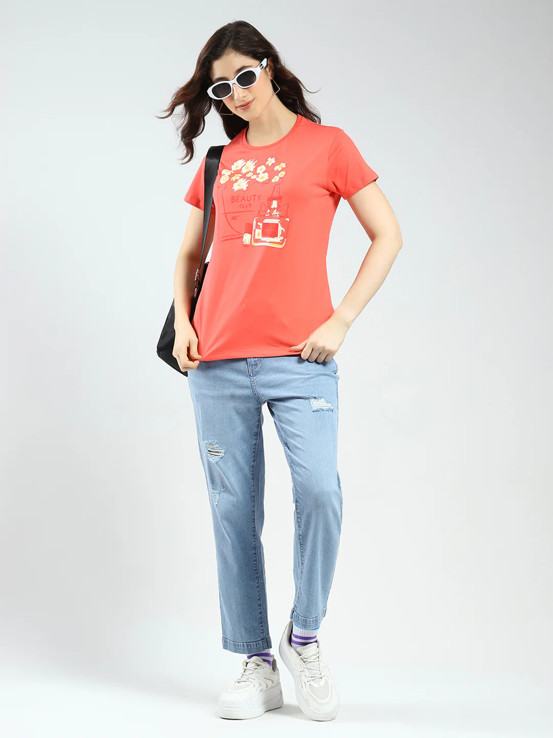 Women Coral & Mustard Printed Round Neck Half Sleeve Top 2Pc Set - Image 2