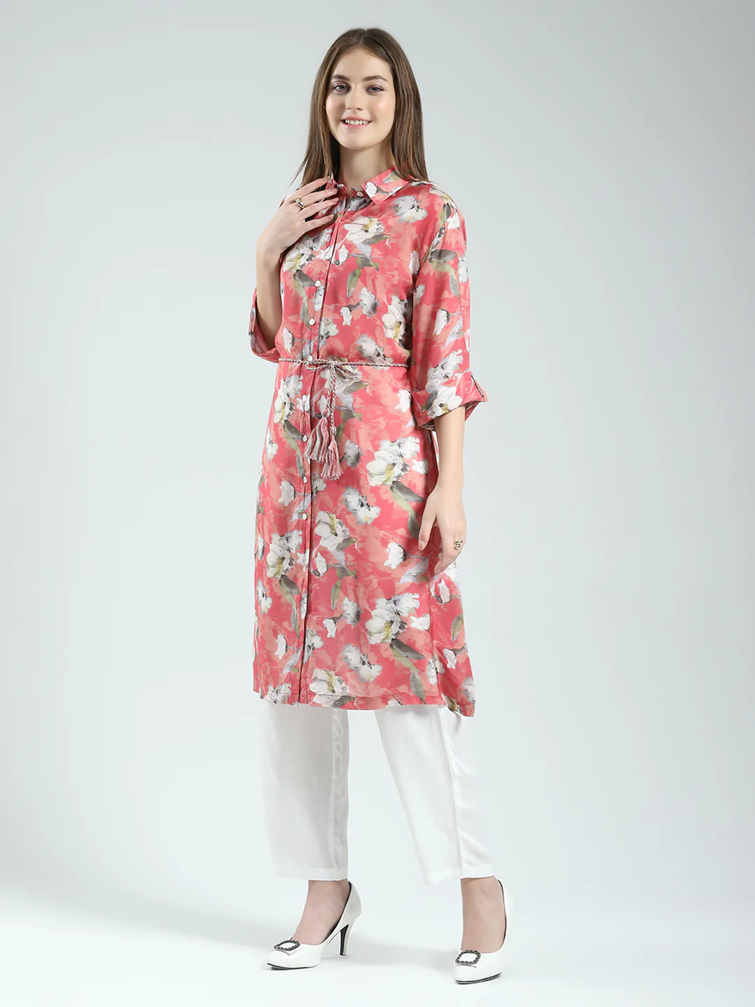 Women Coral Printed Collar 3/4th Sleeve Tunic - Image 3