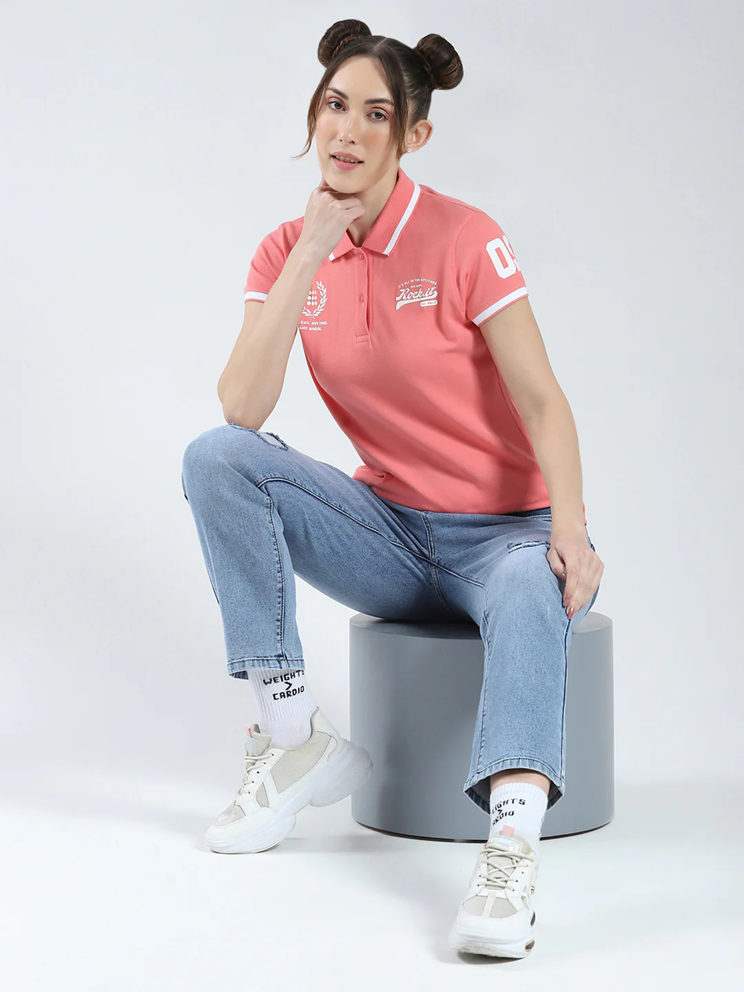 Rock.it Women Coral Printed Collar Half Sleeve T-Shirt - Image 2