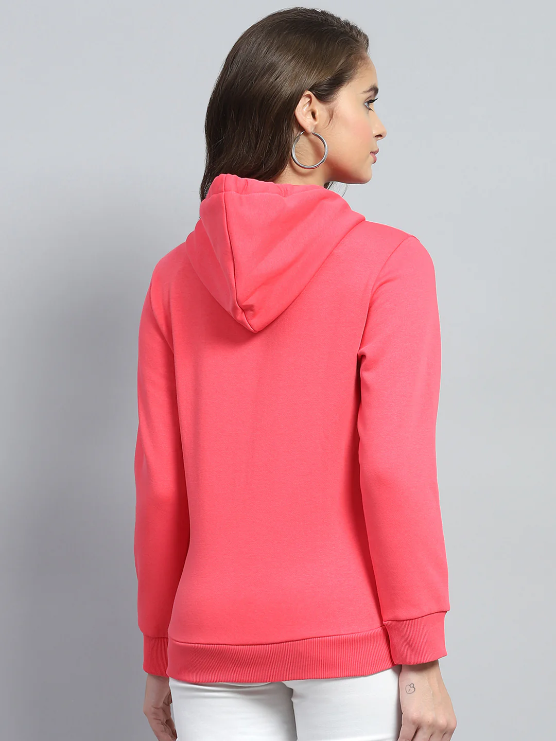 Women Coral Solid Hooded Full Sleeve Sweatshirt - Image 5