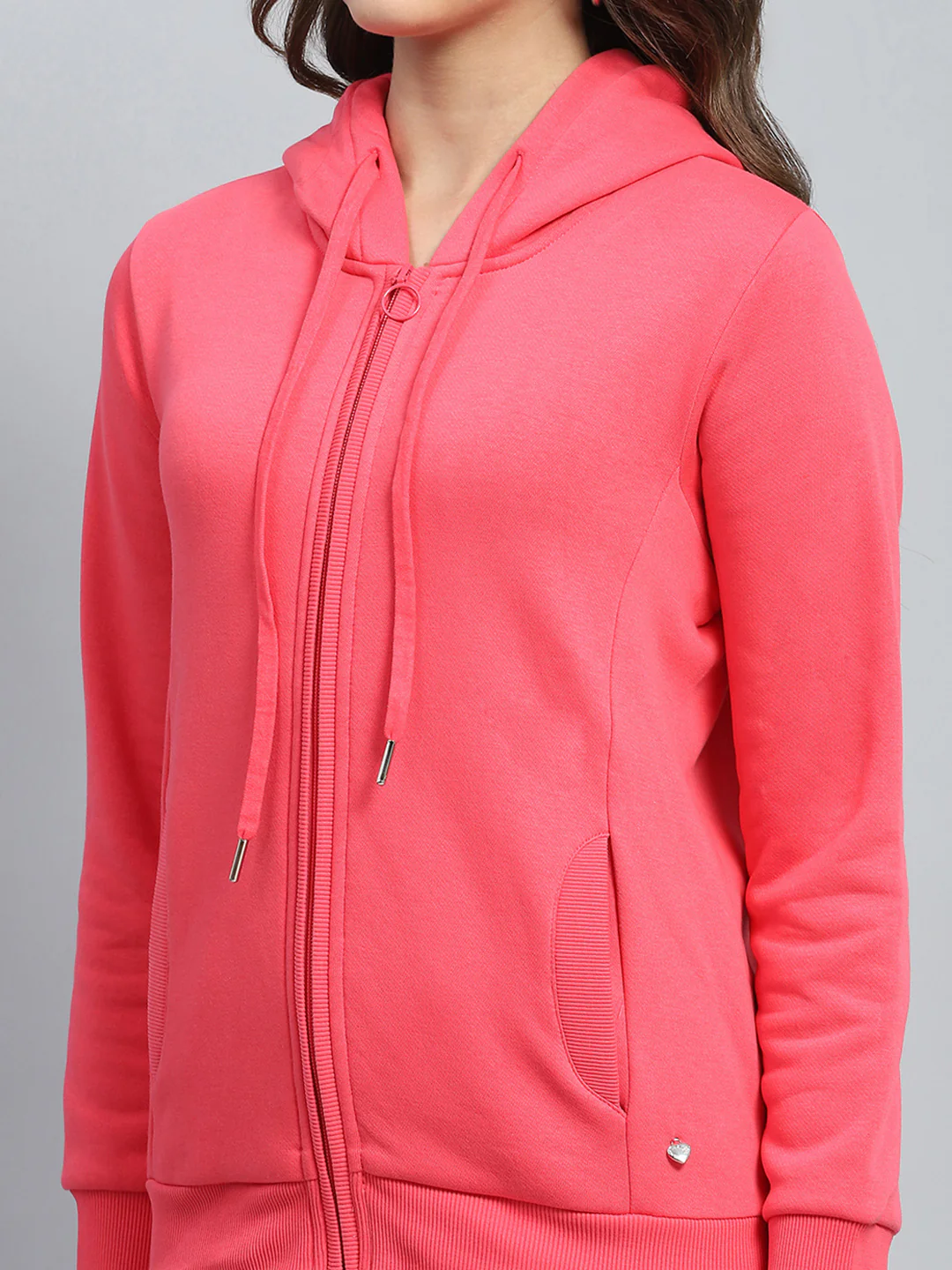 Women Coral Solid Hooded Full Sleeve Sweatshirt - Image 7