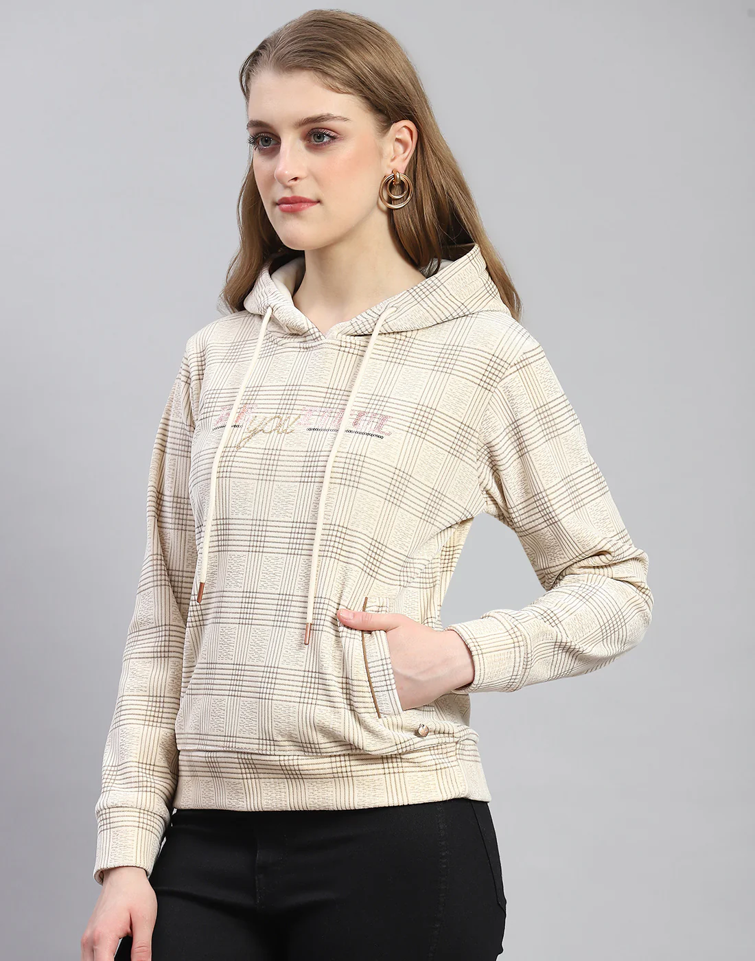 Women Cream Embroidered Hooded Full Sleeve Sweatshirt - Image 4