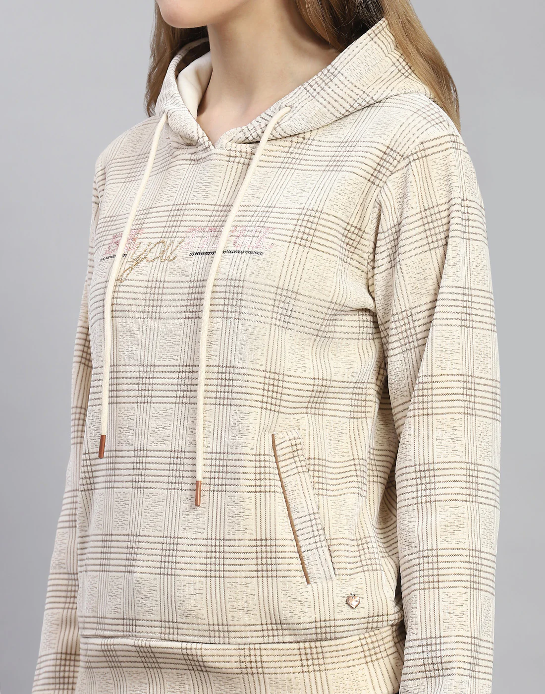 Women Cream Embroidered Hooded Full Sleeve Sweatshirt - Image 7