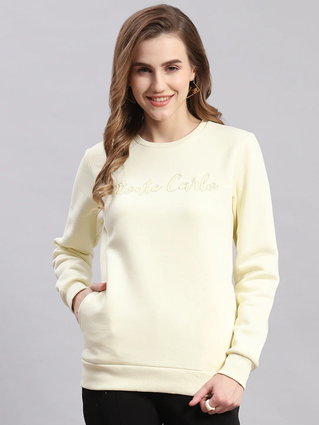 Women Cream Embroidered Round Neck Full Sleeve Sweatshirts - Image 3