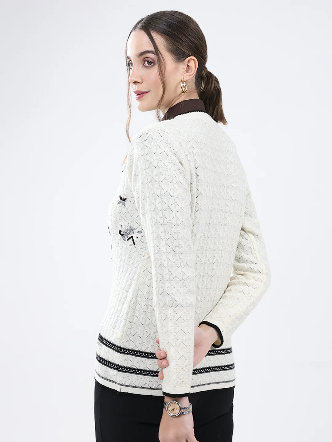 Women Cream Embroidered Round Neck Full Sleeve Cardigan - Image 5