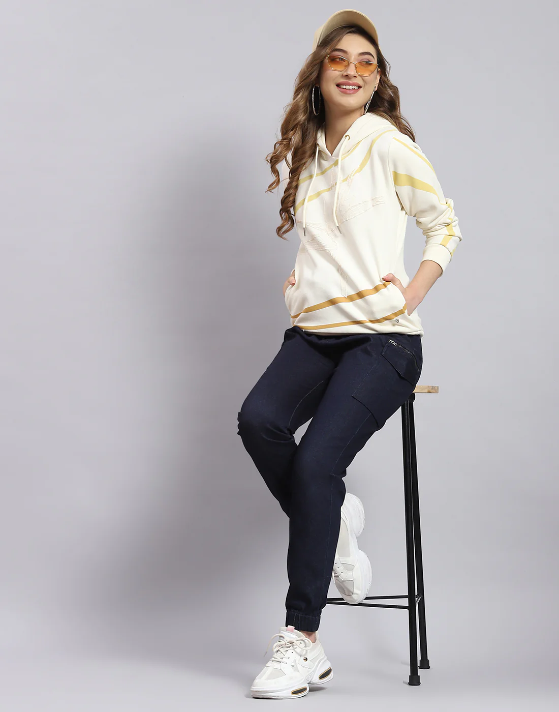 Women Cream Printed Hooded Full Sleeve Sweatshirt - Image 2