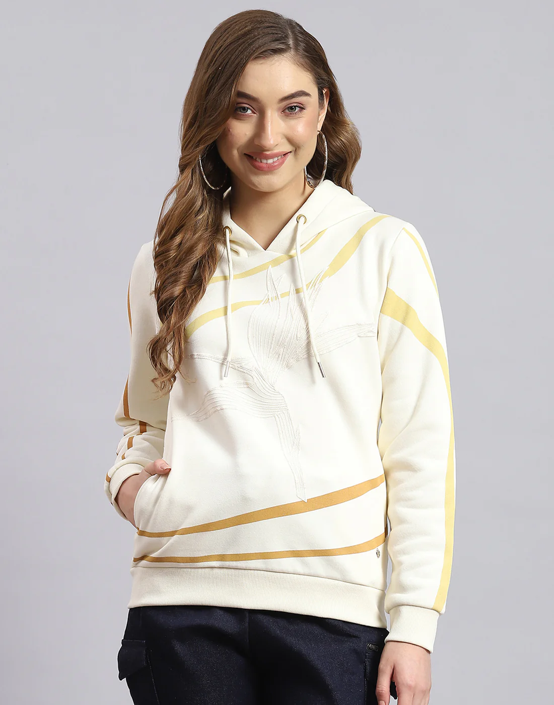 Women Cream Printed Hooded Full Sleeve Sweatshirt - Image 3
