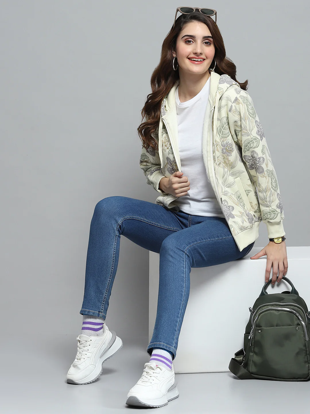 Women Cream Printed Hooded Full Sleeve Sweatshirt - Image 2