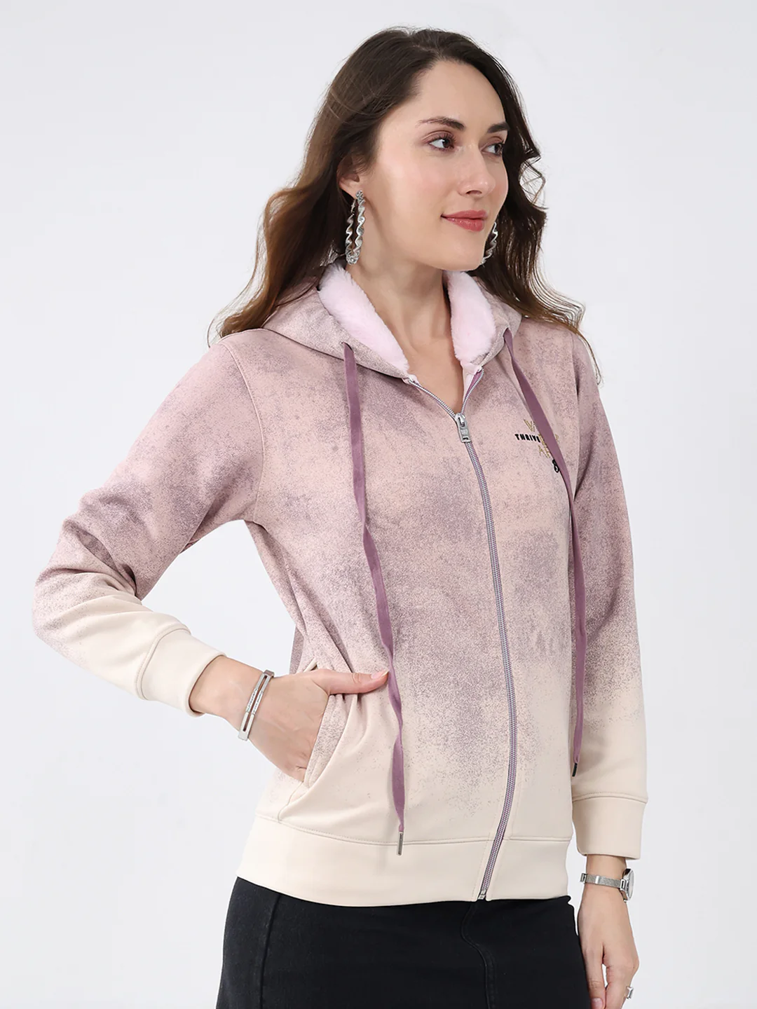 Women Cream Printed Hooded Full Sleeve Sweatshirt - Image 4