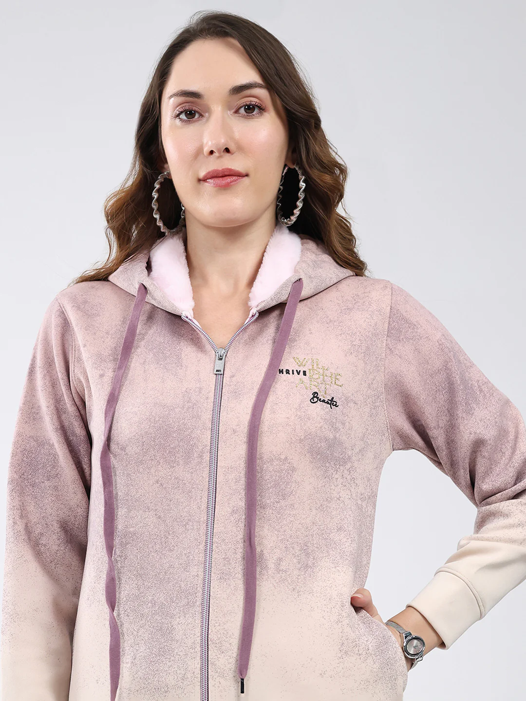 Women Cream Printed Hooded Full Sleeve Sweatshirt - Image 7