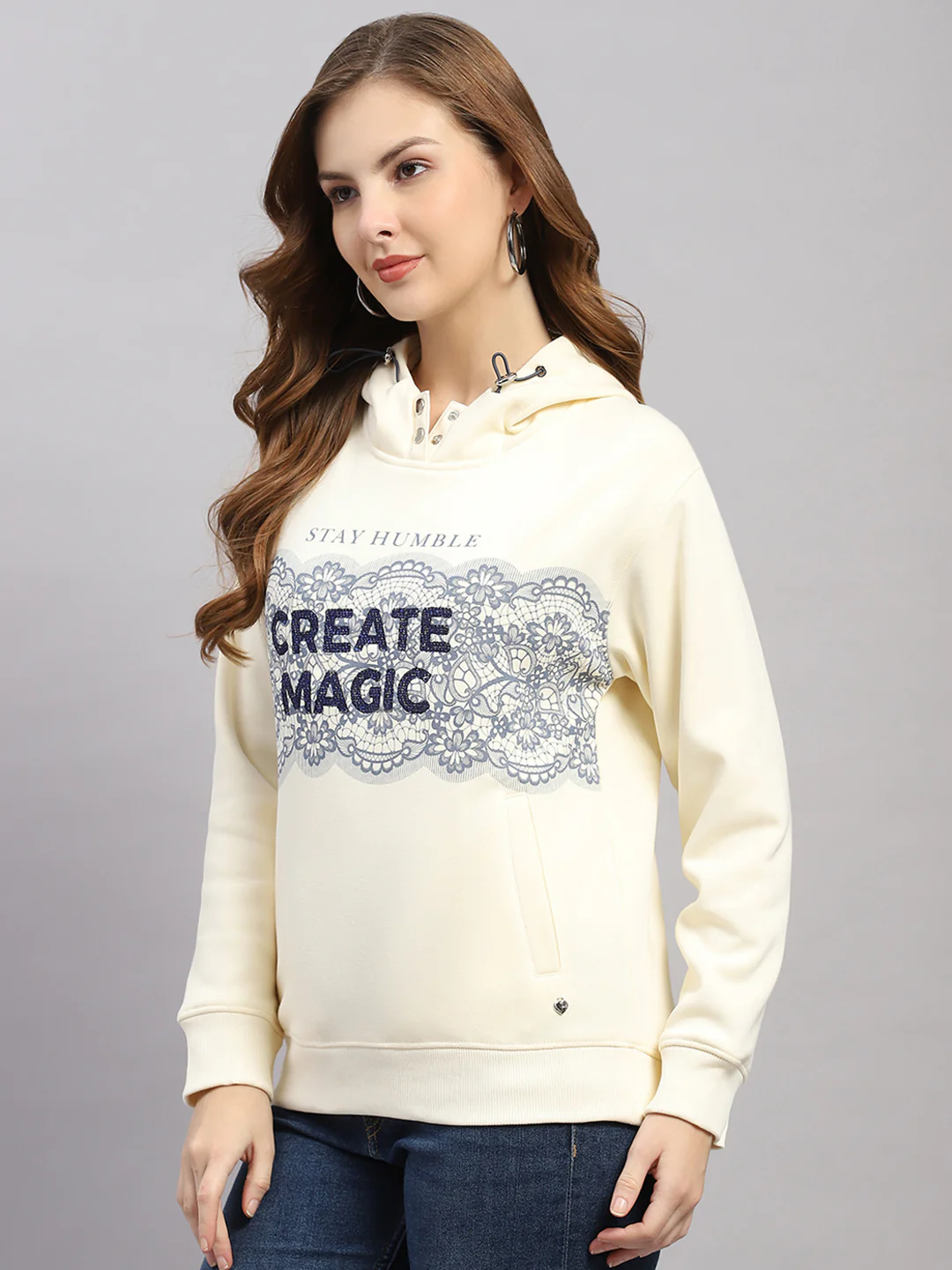 Women Cream Printed Hooded Full Sleeve Sweatshirt - Image 3