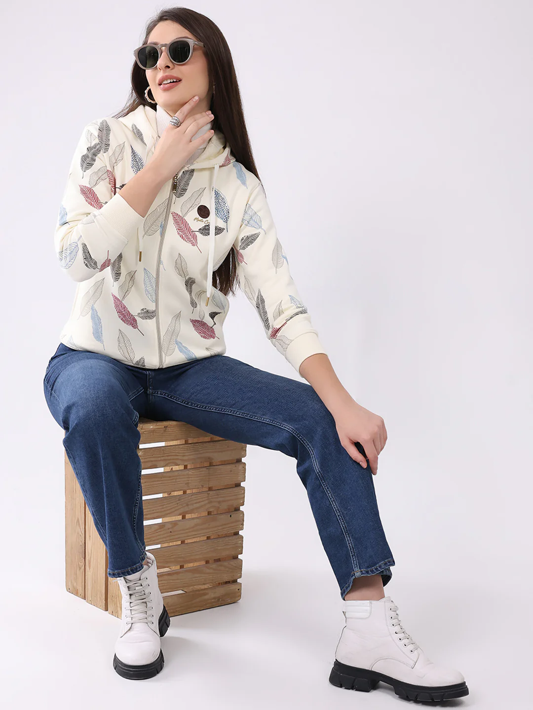Women Cream Printed Hooded Full Sleeve Sweatshirt - Image 2