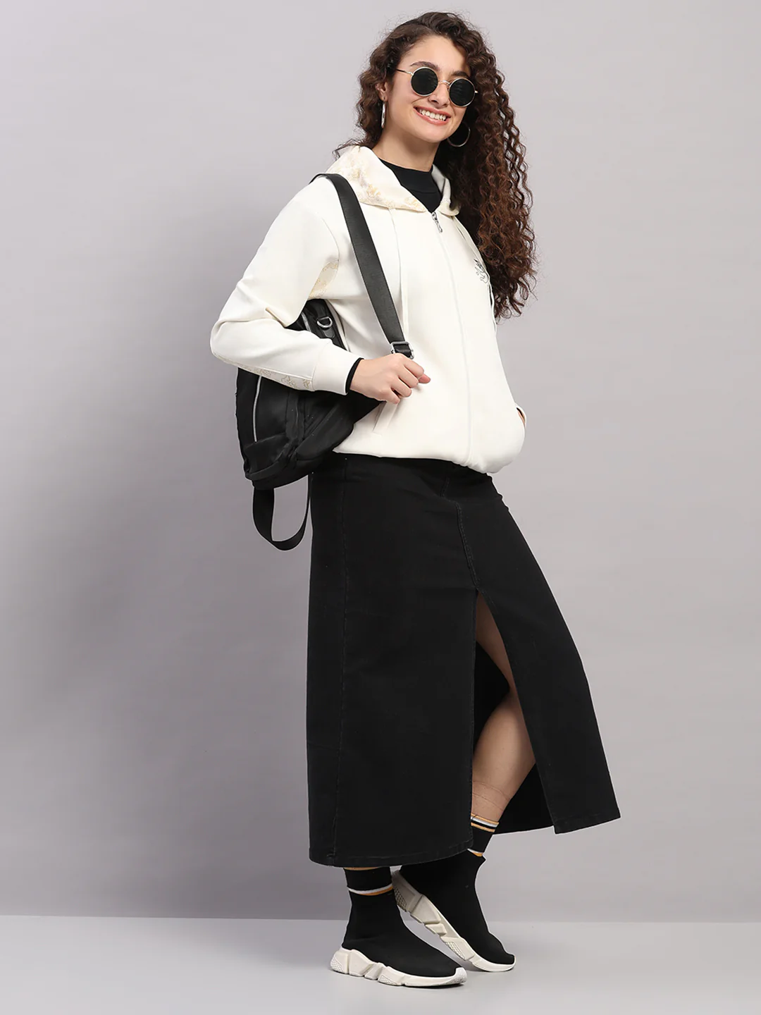 Women Cream Printed Hooded Full Sleeve Sweatshirt - Image 2