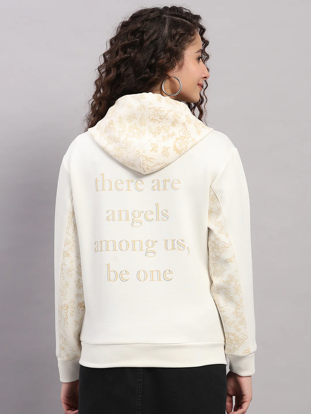 Women Cream Printed Hooded Full Sleeve Sweatshirt - Image 5