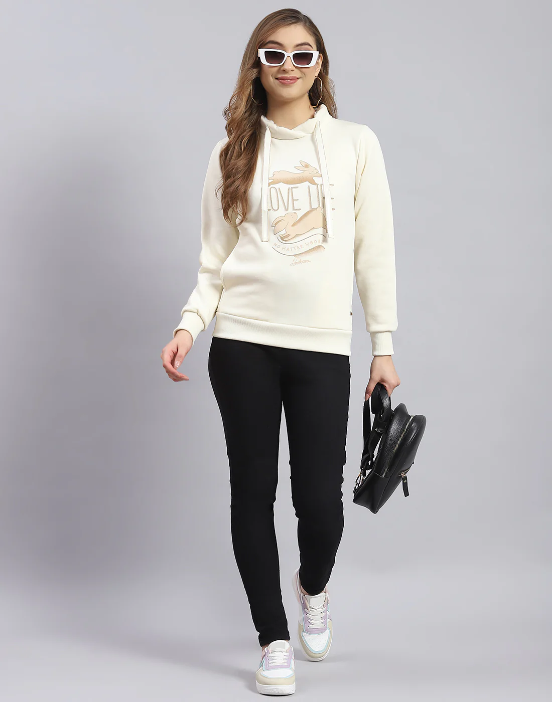Women Cream Printed Round Neck Full Sleeve Sweatshirt - Image 3
