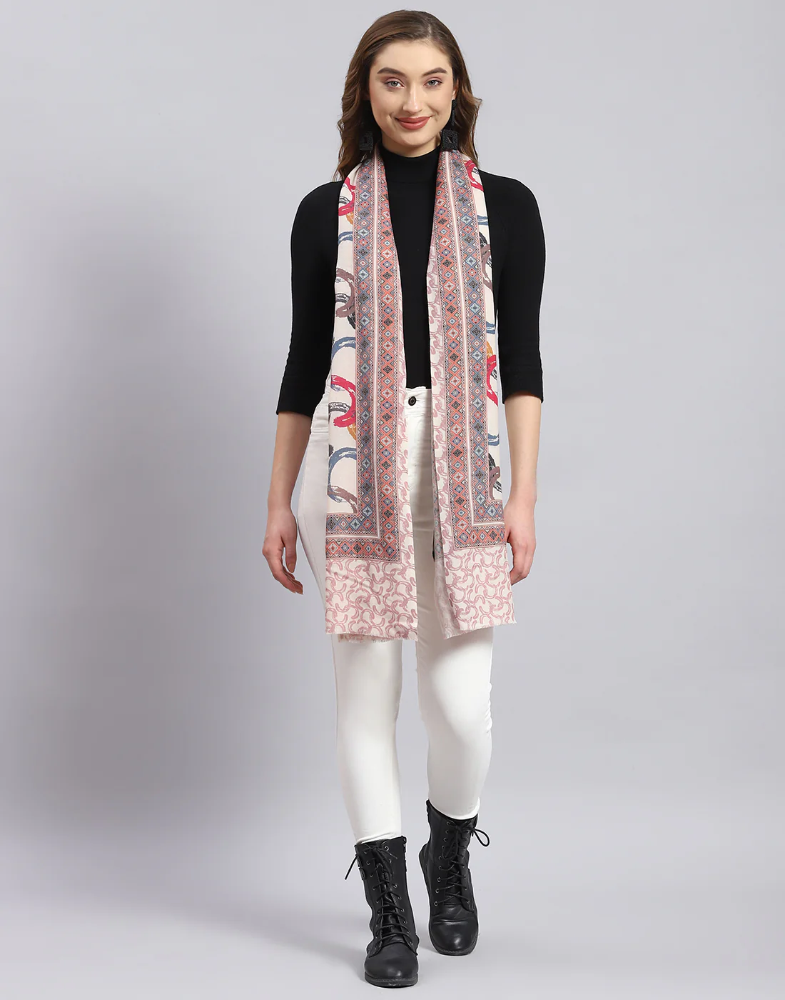 Women Cream Printed Stole - Image 3