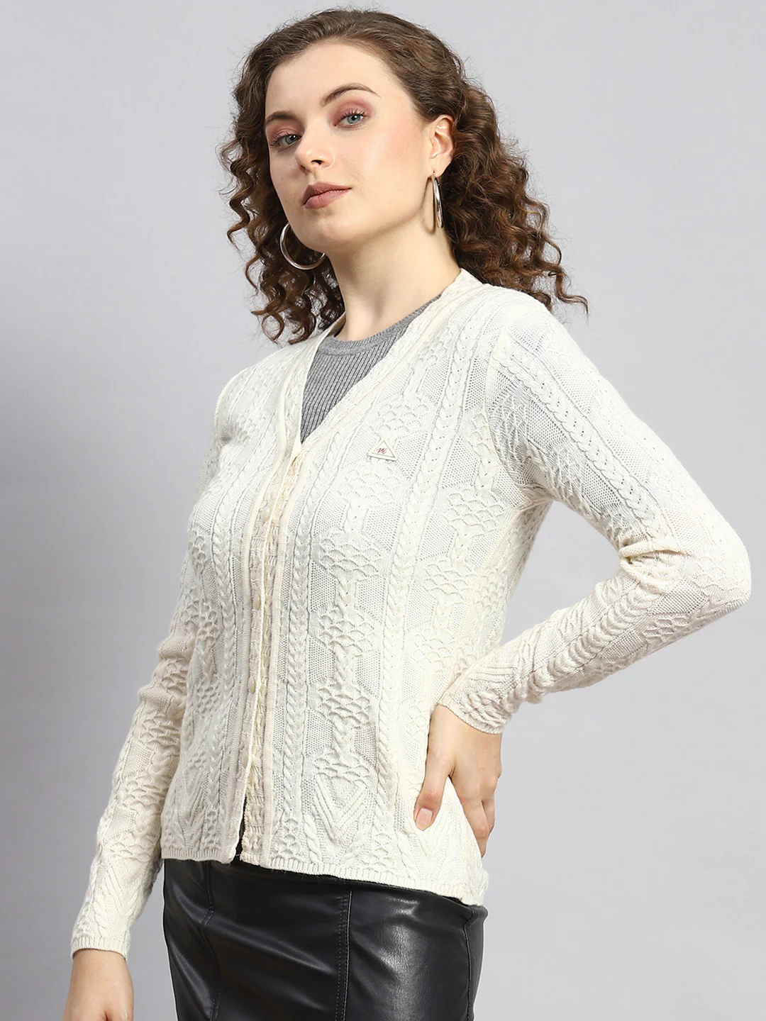 Women Cream Self Cardigan - Image 4