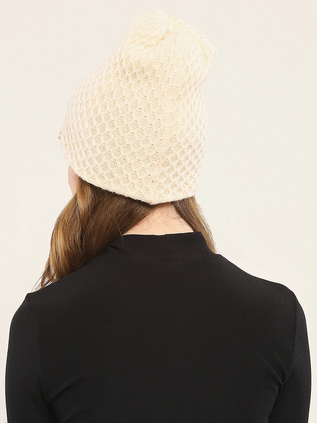 Women Cream Self Design Cap - Image 5