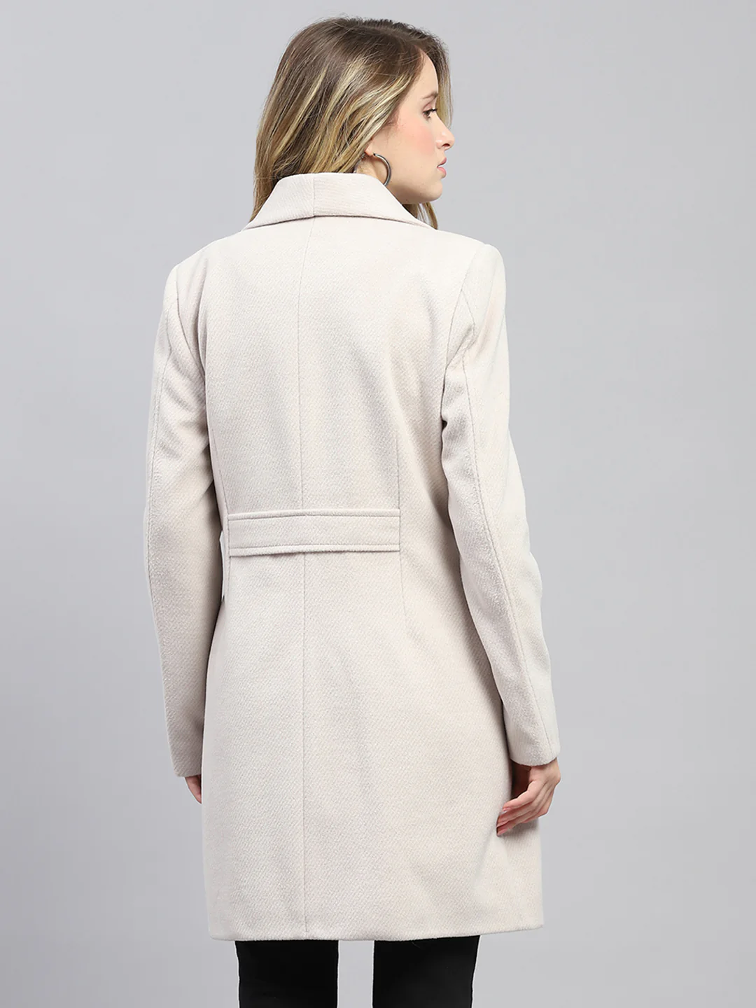 Women Cream Self Design Collar Full Sleeve Coat - Image 5