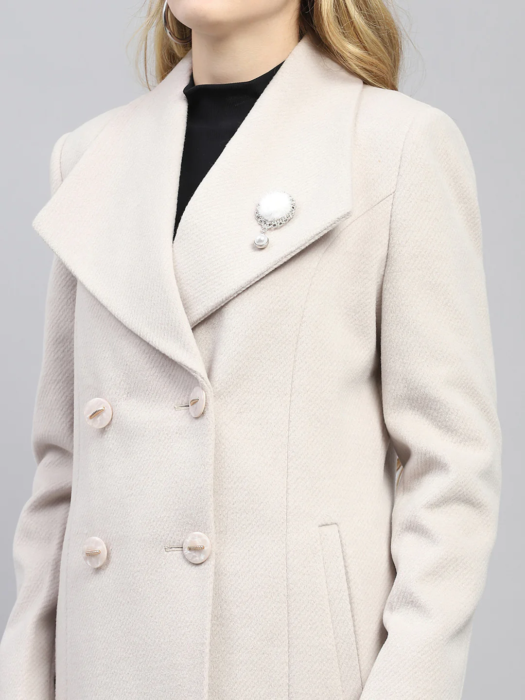 Women Cream Self Design Collar Full Sleeve Coat - Image 7