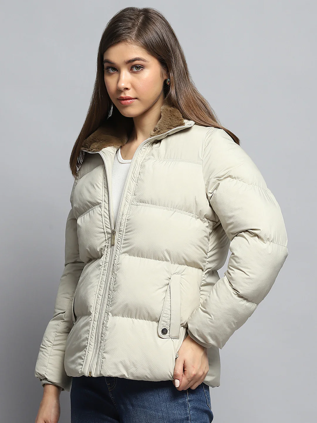 Women Cream Self Design Collar Full Sleeve Jacket - Image 3