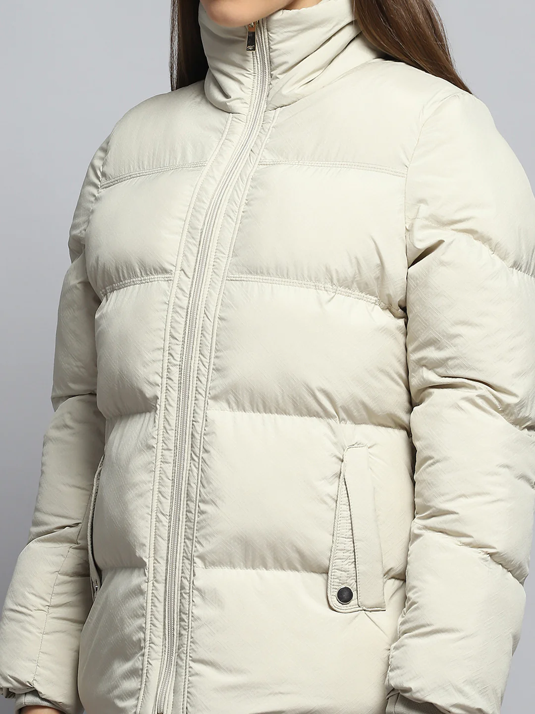 Women Cream Self Design Collar Full Sleeve Jacket - Image 6