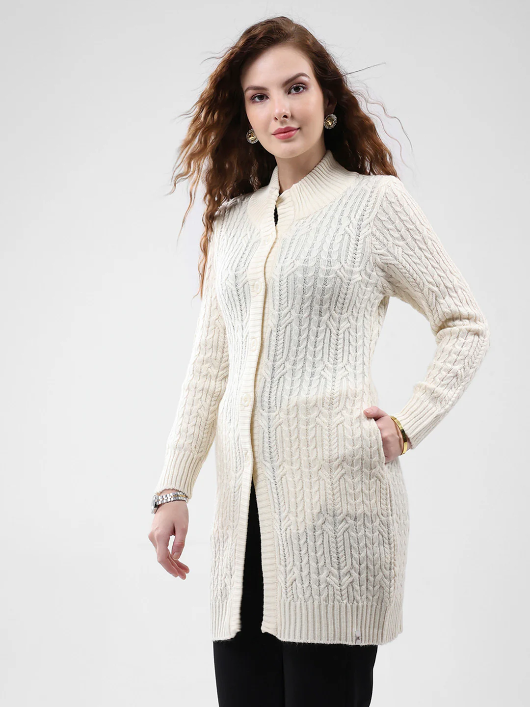 Women Cream Self Design Mock Neck Full Sleeve Cardigan - Image 3