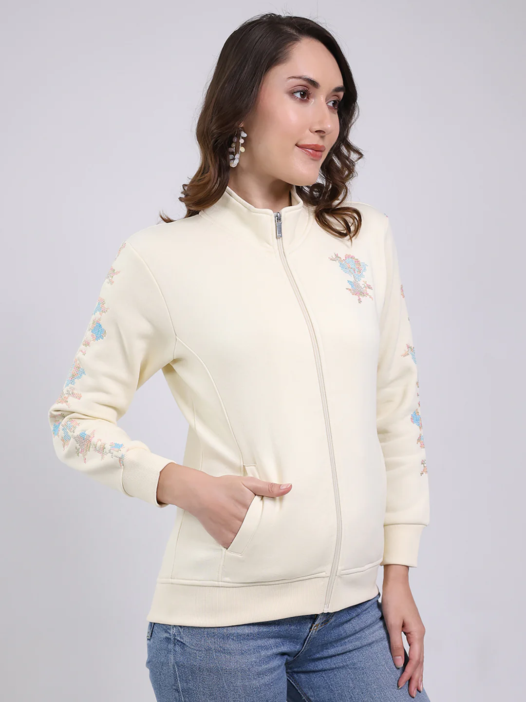 Women Cream Self Design Mock Neck Full Sleeve Sweatshirt - Image 4