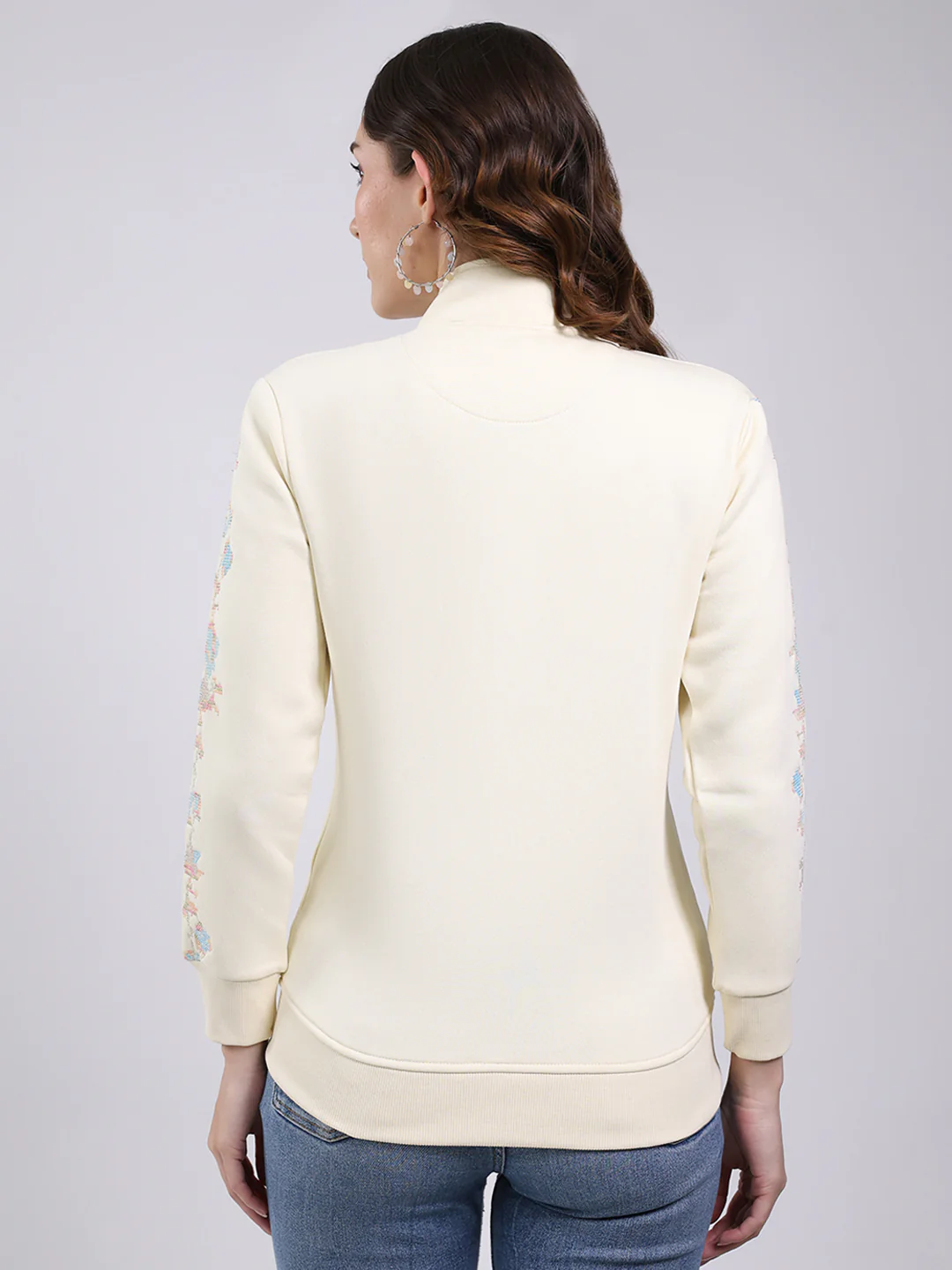 Women Cream Self Design Mock Neck Full Sleeve Sweatshirt - Image 5