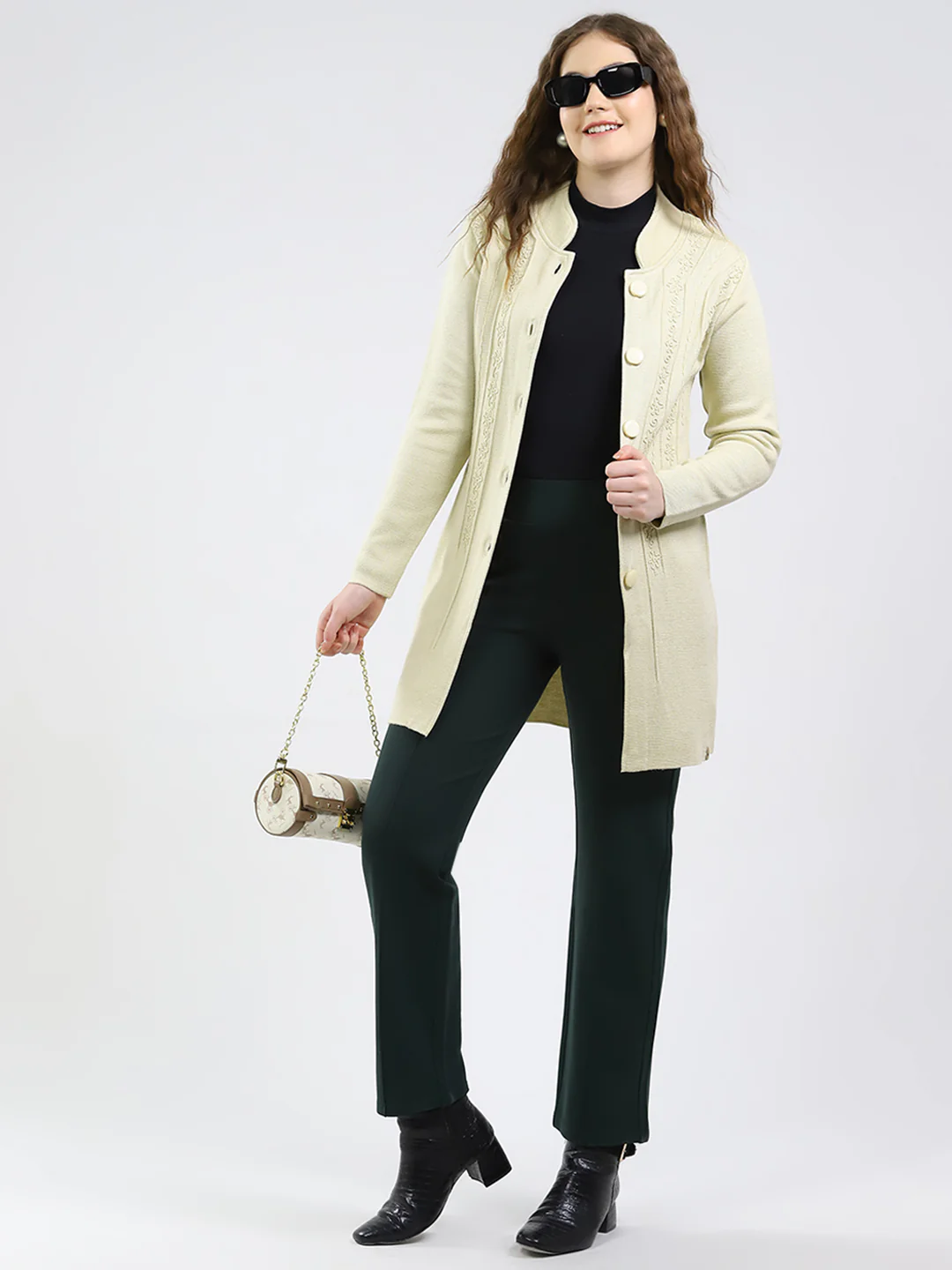 Women Cream Self Design Round Neck Full Sleeve Knitted Coat - Image 2