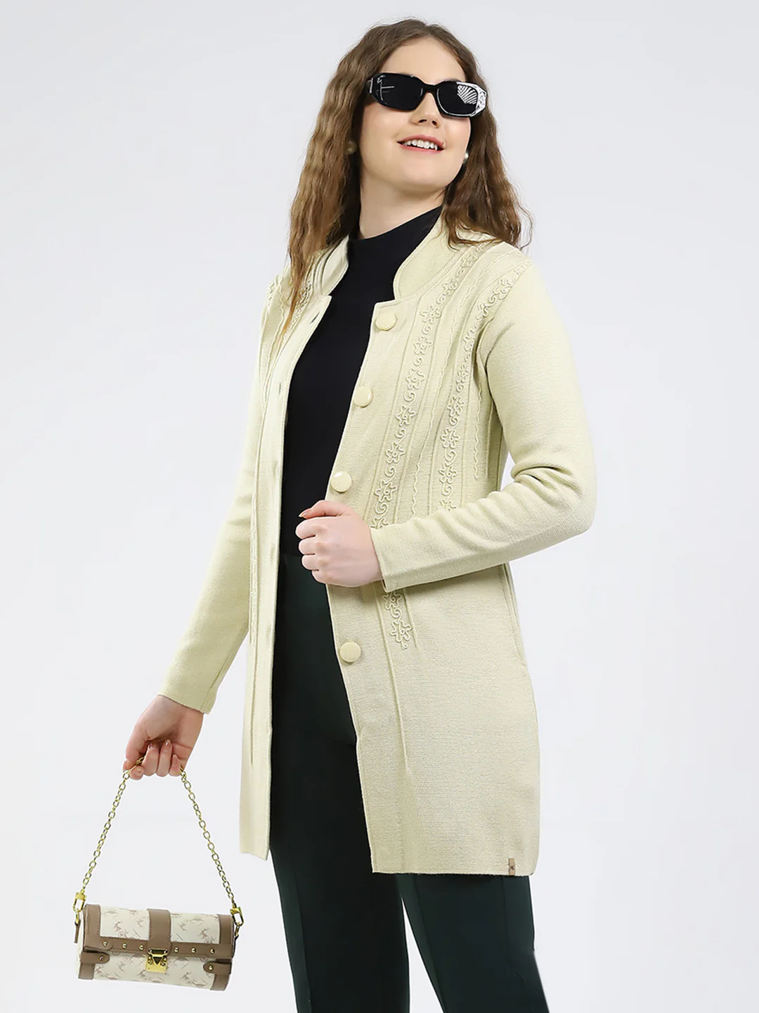 Women Cream Self Design Round Neck Full Sleeve Knitted Coat - Image 6