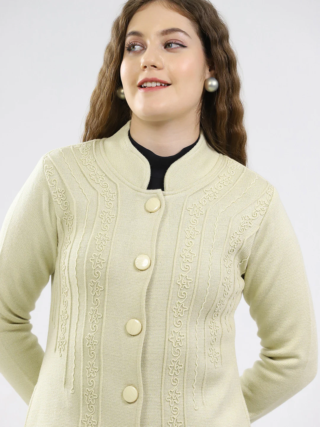 Women Cream Self Design Round Neck Full Sleeve Knitted Coat - Image 7