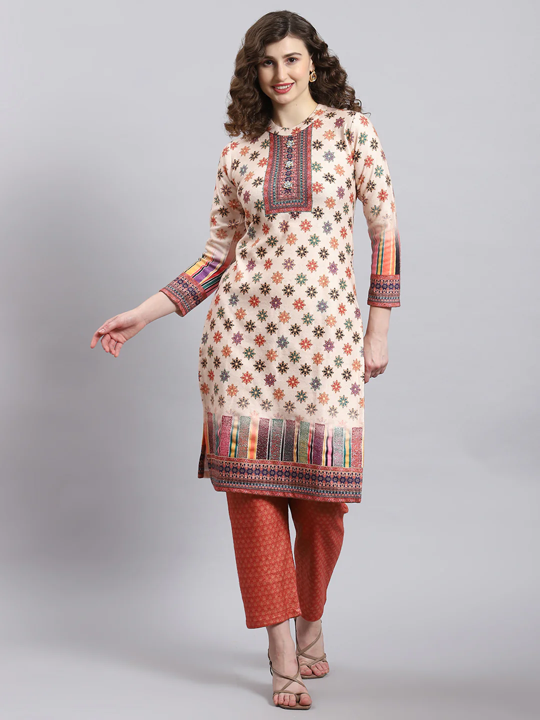 Women Cream Self Design Round Neck Full Sleeve Kurtis Set - Image 5
