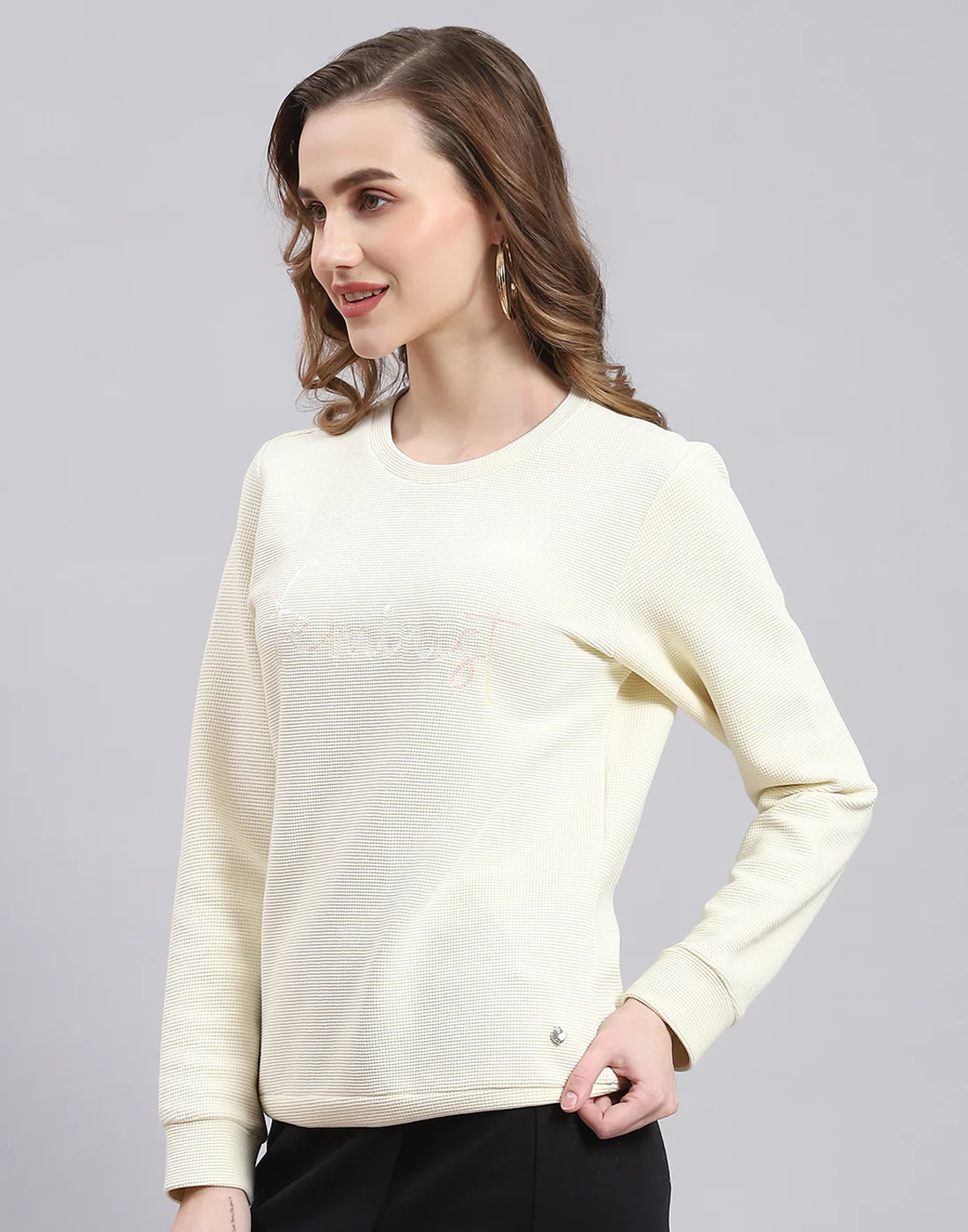Women Cream Self Design Round Neck Full Sleeve Sweatshirt - Image 4