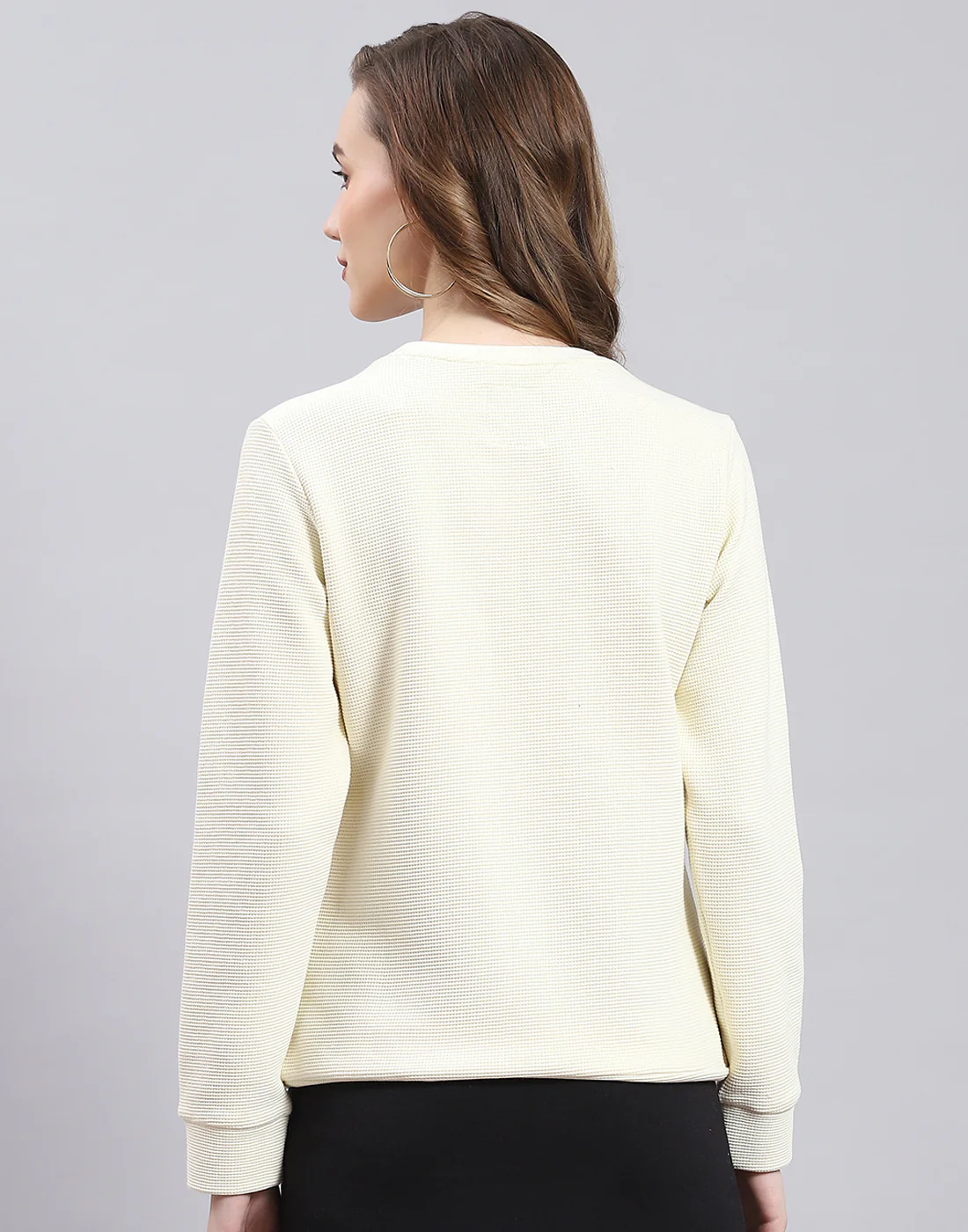 Women Cream Self Design Round Neck Full Sleeve Sweatshirt - Image 6