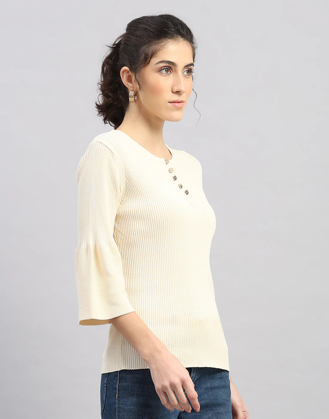 Women Cream Self Design Round Neck Full Sleeve Winter Top - Image 3