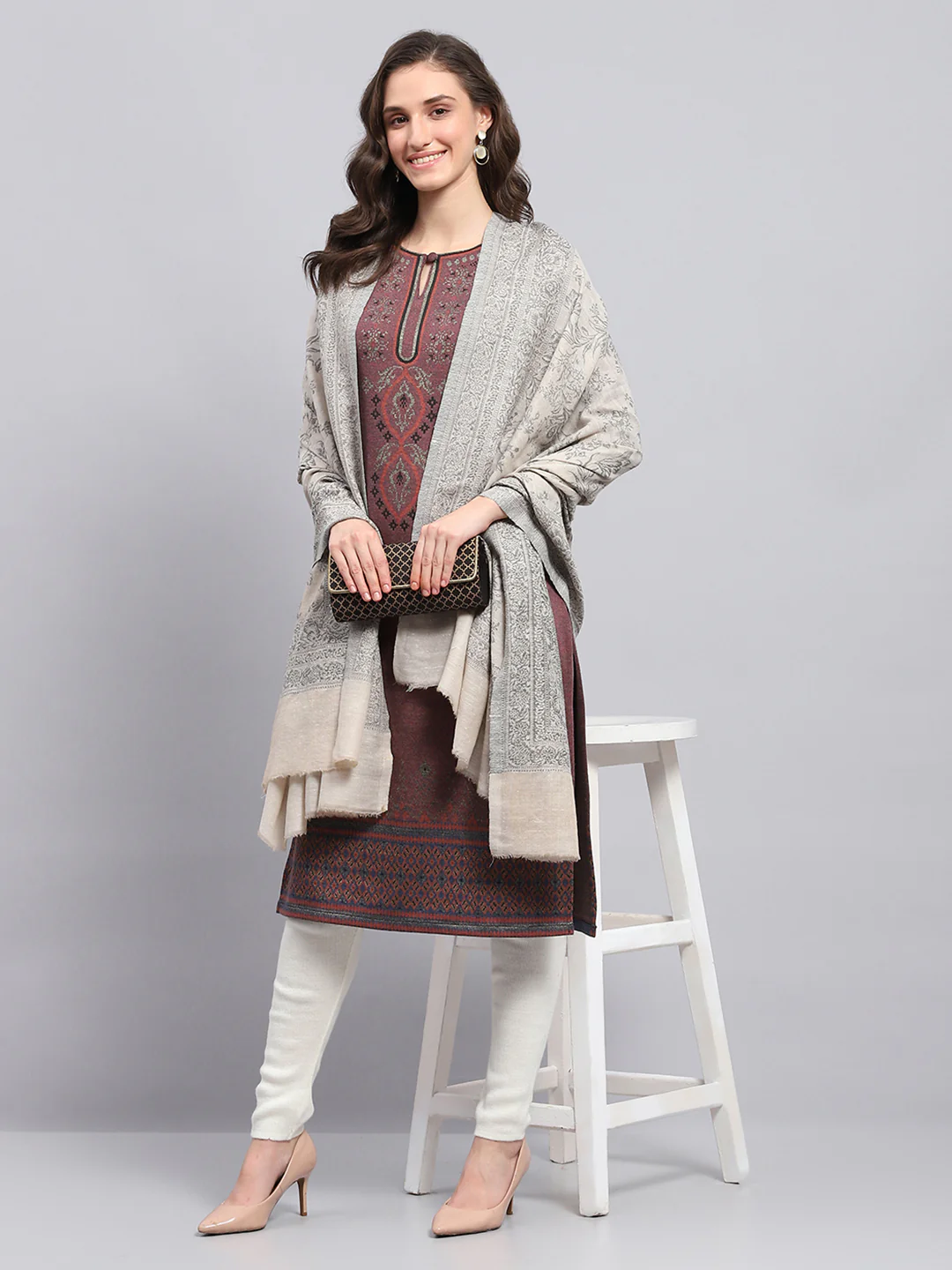 Women Cream Self Design Shawl - Image 5