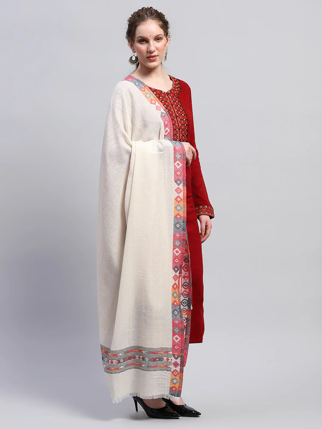 Women Cream Self Design Shawl - Image 4