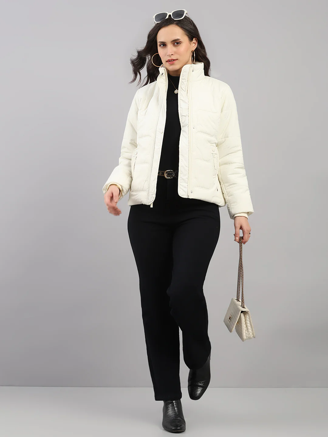 Women Cream Self Design Stand Collar Full Sleeve Jacket - Image 2