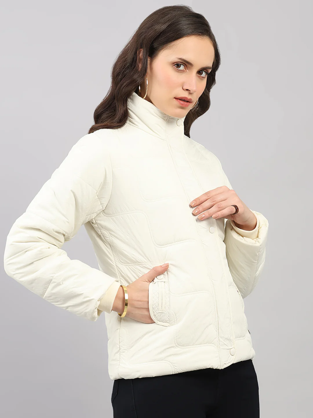 Women Cream Self Design Stand Collar Full Sleeve Jacket - Image 4