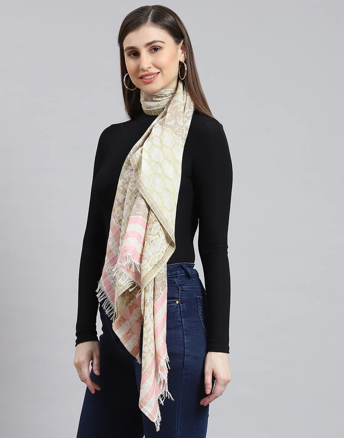 Women Cream Self Design Stole - Image 4