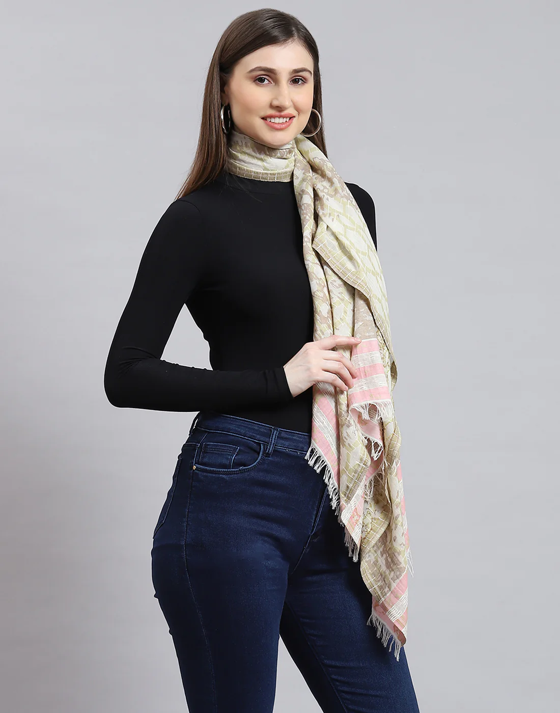 Women Cream Self Design Stole - Image 5
