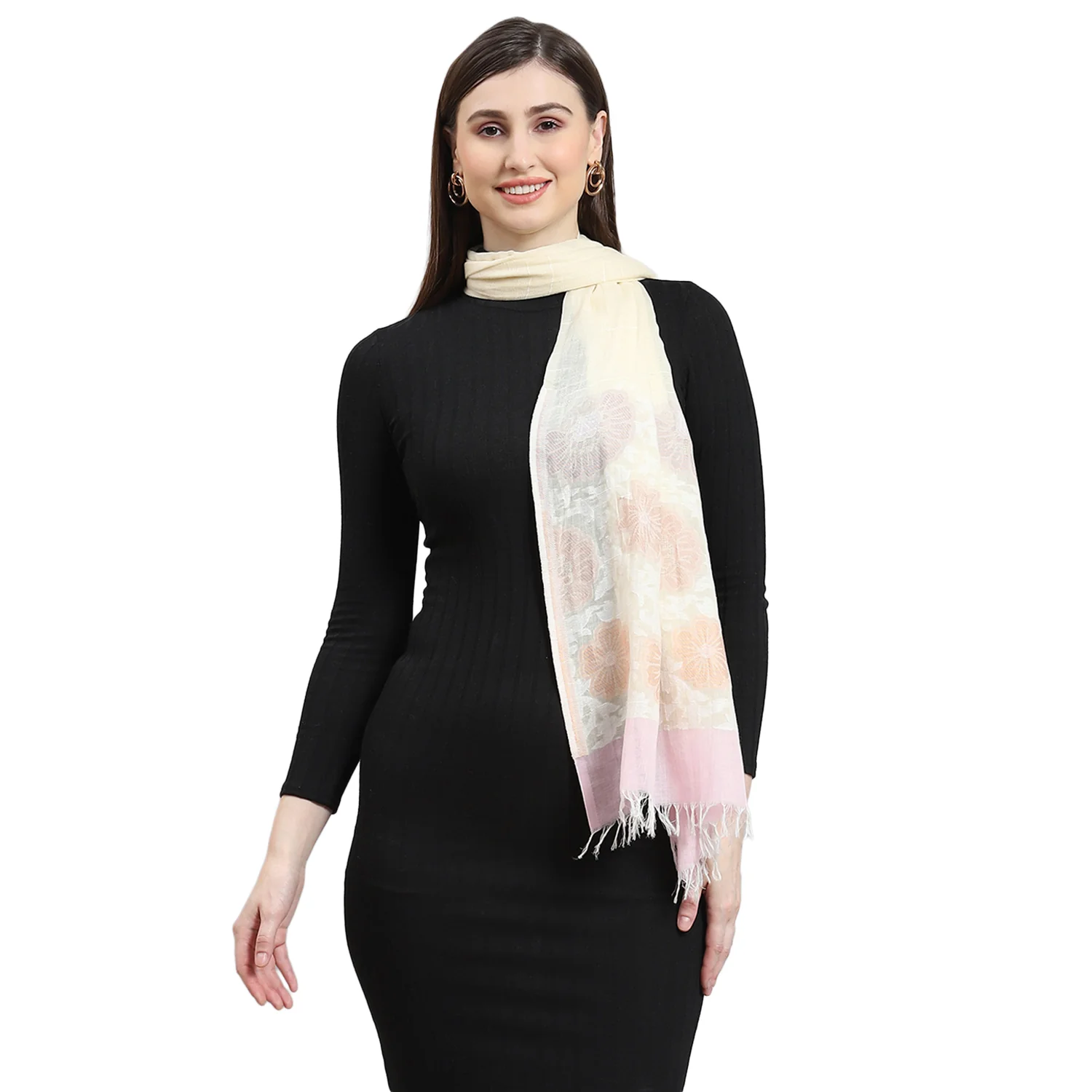 Women Cream Self Design Stole - Image 6